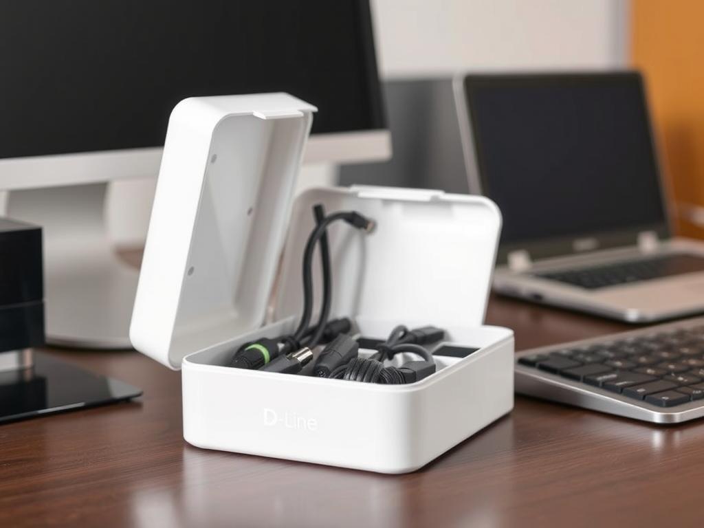 Caja organizadora de cables D-Line blanca con cables ordenados en su interior Caja organizadora de cables D-Line blanca con cables ordenados en su interior