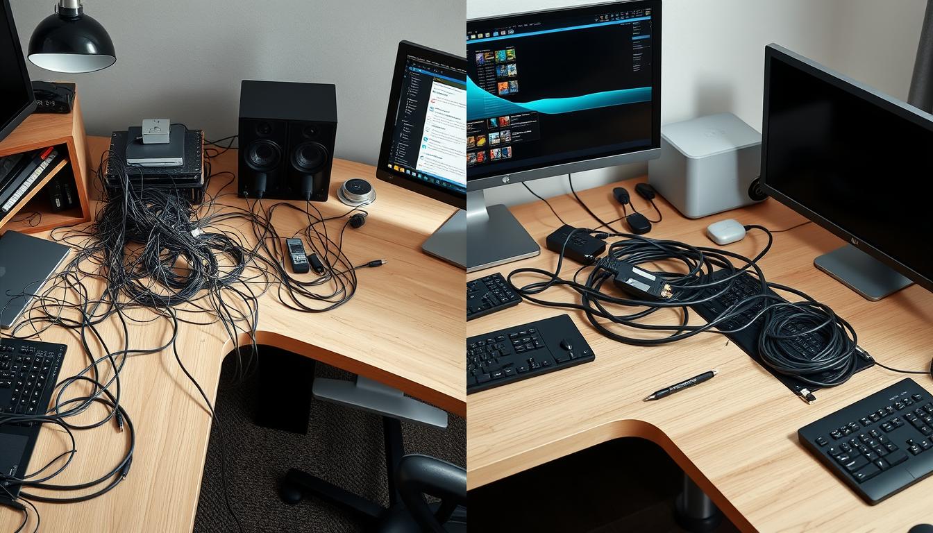 Comparación de un escritorio con cables desordenados y otro con cables organizados Comparación de un escritorio con cables desordenados y otro con cables organizados