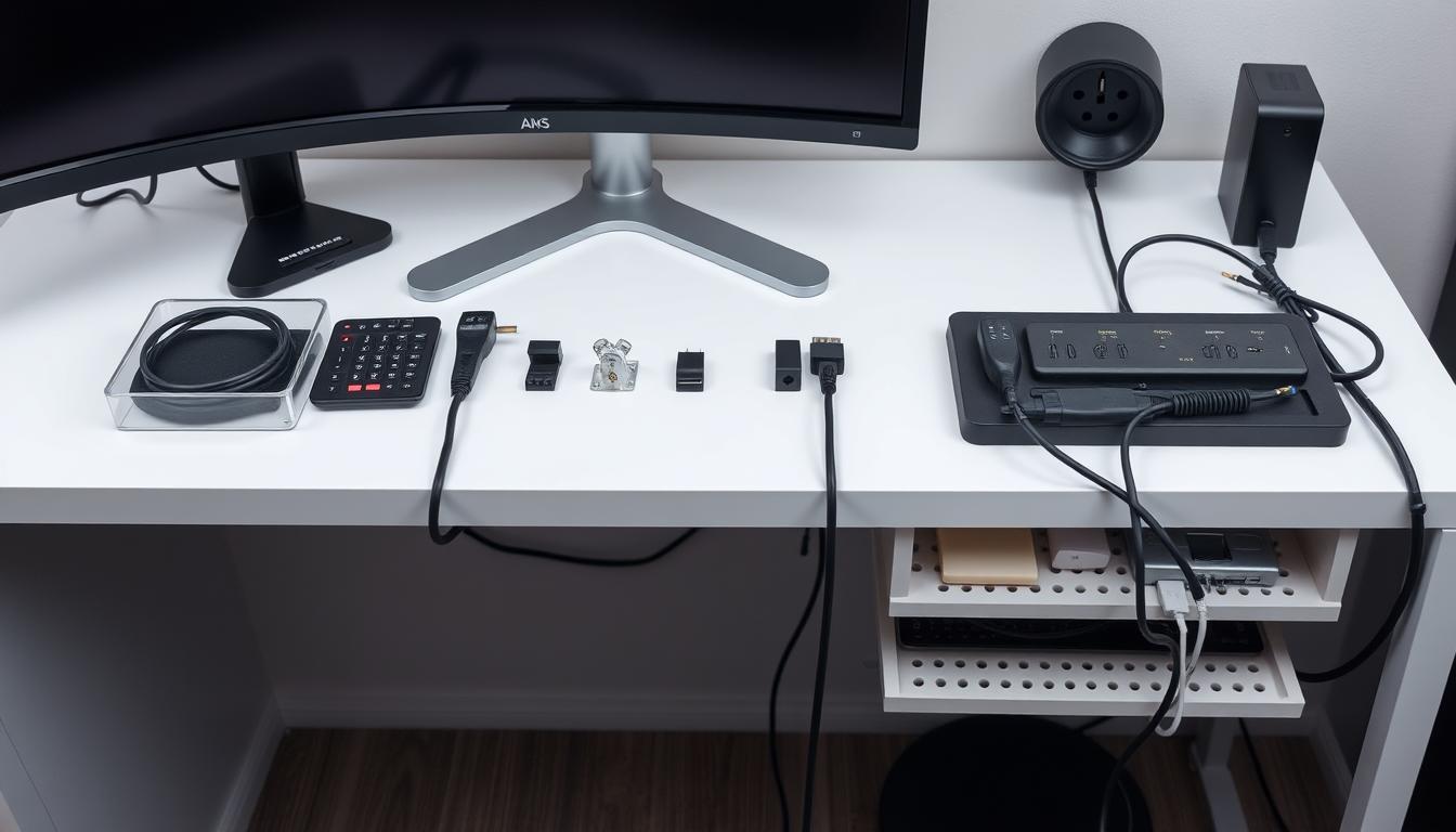 Diferentes tipos de organizadores de cables mostrados en un escritorio ordenado Diferentes tipos de organizadores de cables mostrados en un escritorio ordenado