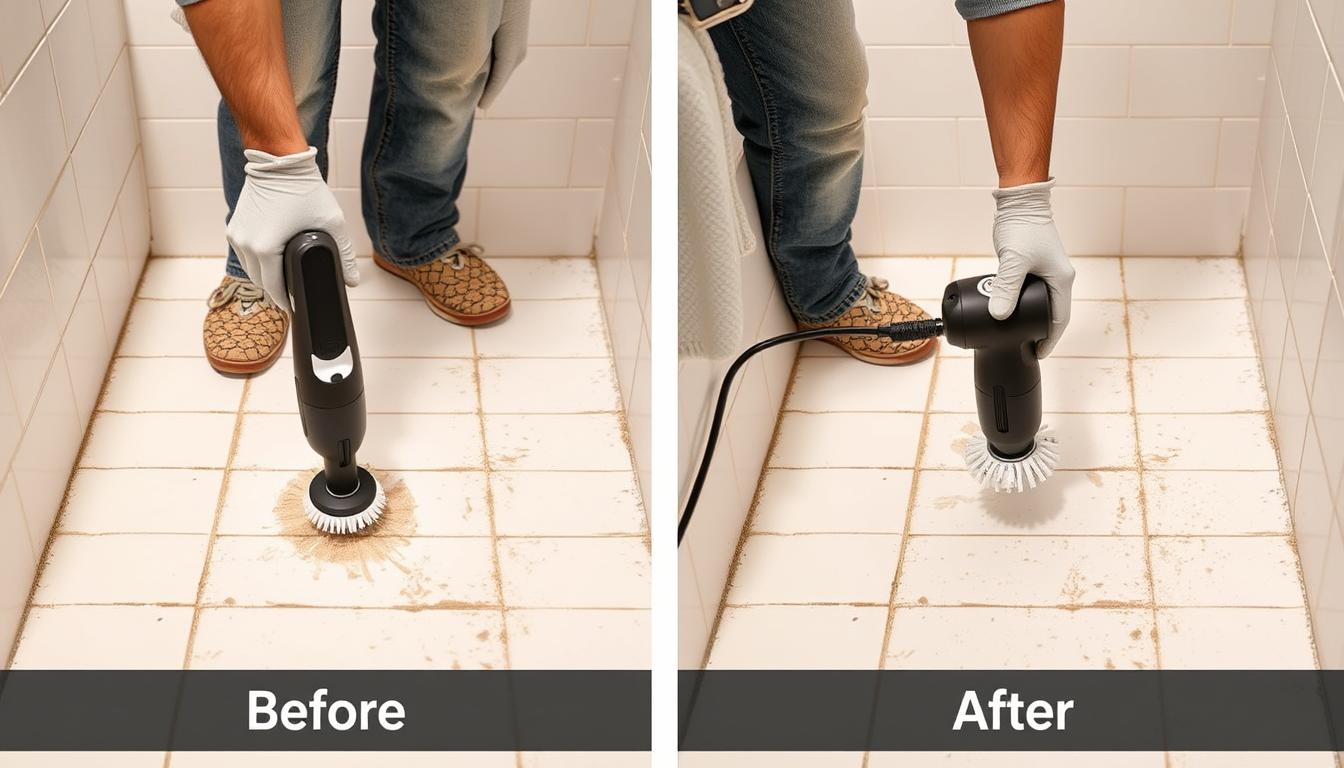 Persona utilizando un cepillo de limpieza eléctrico giratorio para limpiar azulejos del baño Persona utilizando un cepillo de limpieza eléctrico giratorio para limpiar azulejos del baño