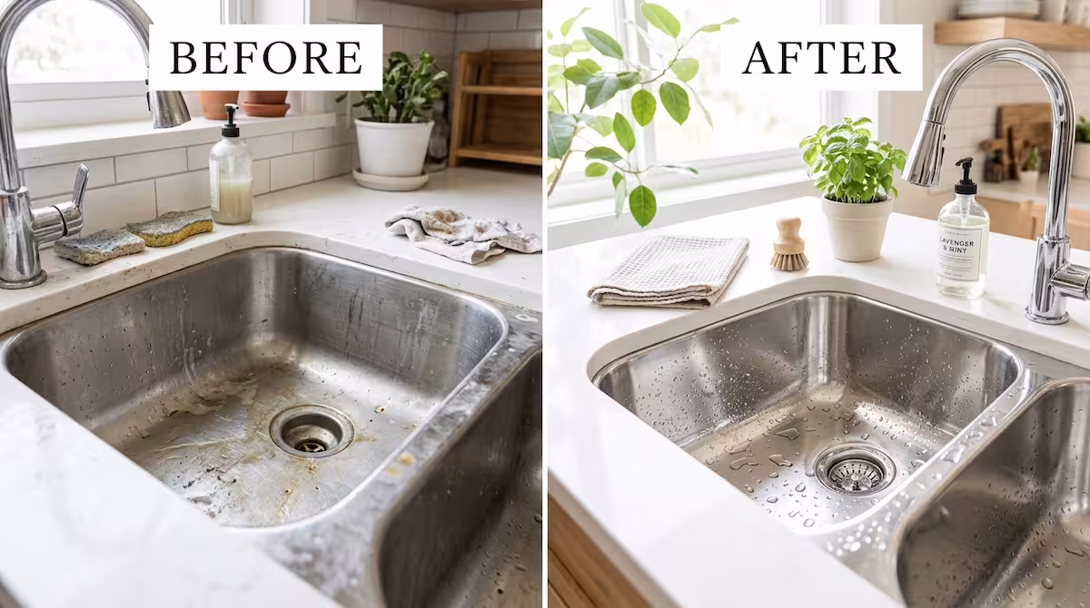 Fregadero de acero inoxidable reluciente tras aplicar trucos de limpieza del hogar ecológicos.