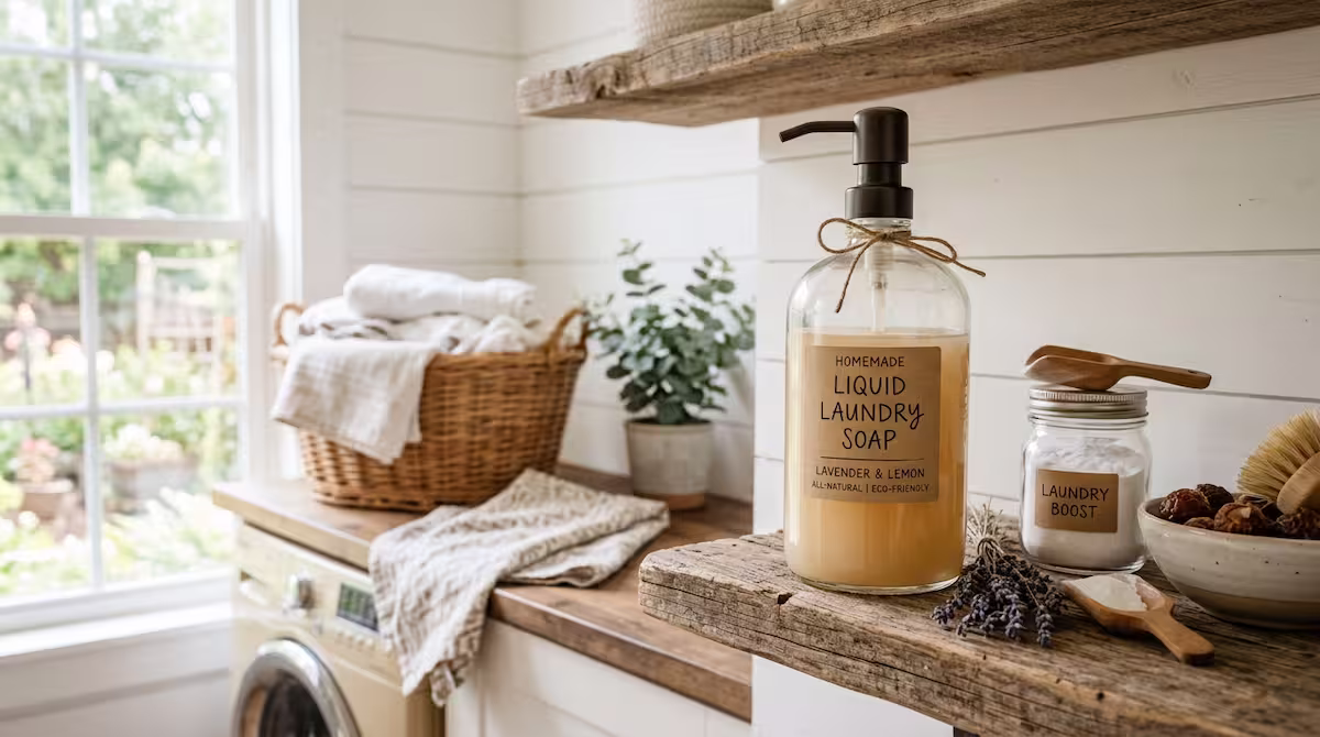 Botella de cristal con jabón casero líquido para la colada en un ambiente luminoso estilo Pinterest
