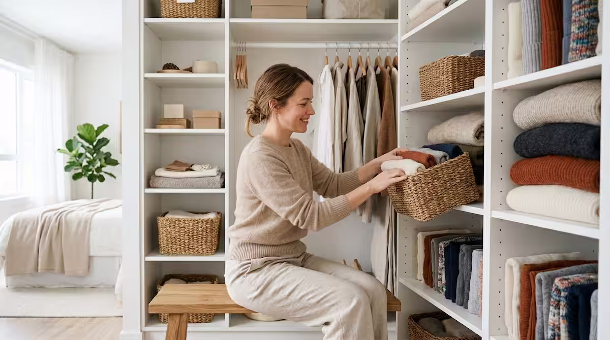 Mujer organizando ropa de invierno en un armario blanco minimalista con doblado vertical